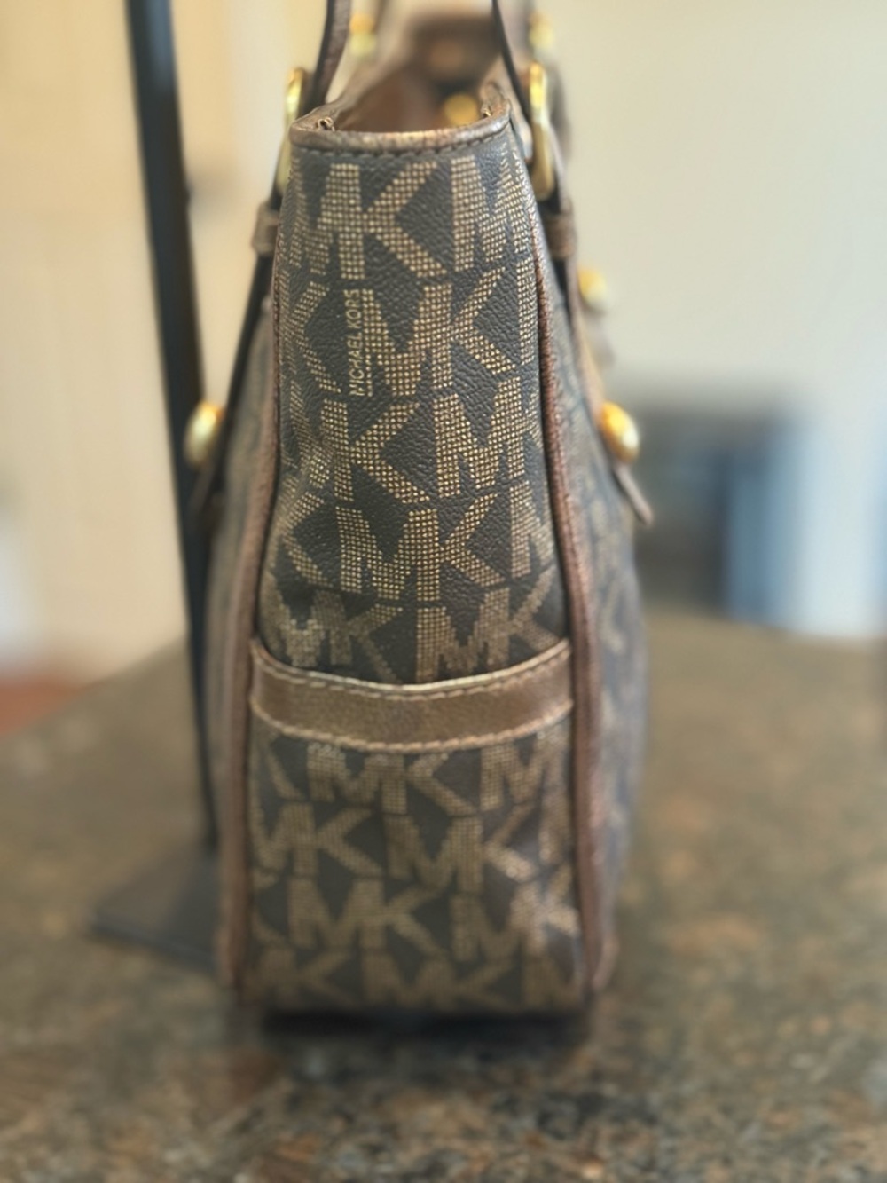 Vintage Michael Kors Brown & Gold Logo Tote with Snake-Print Center - Picture 6 of 13